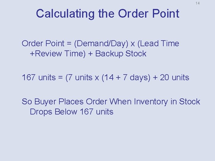 14 Calculating the Order Point = (Demand/Day) x (Lead Time +Review Time) + Backup