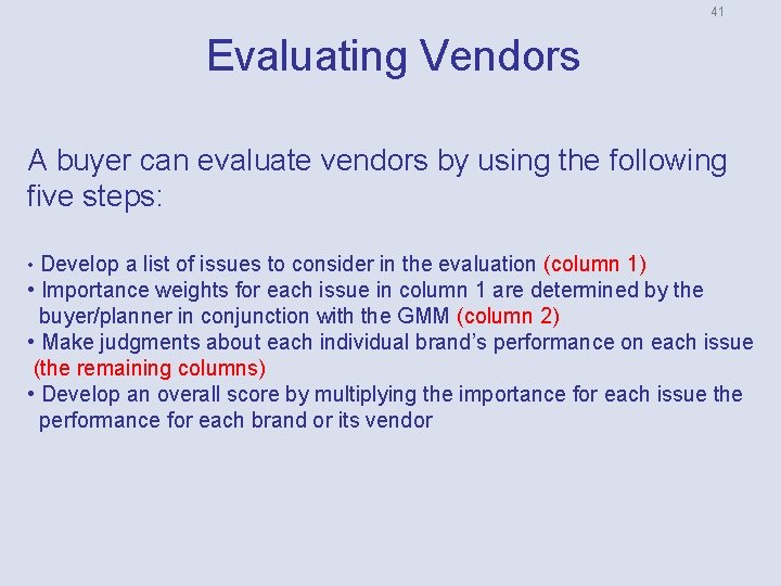41 Evaluating Vendors A buyer can evaluate vendors by using the following five steps: