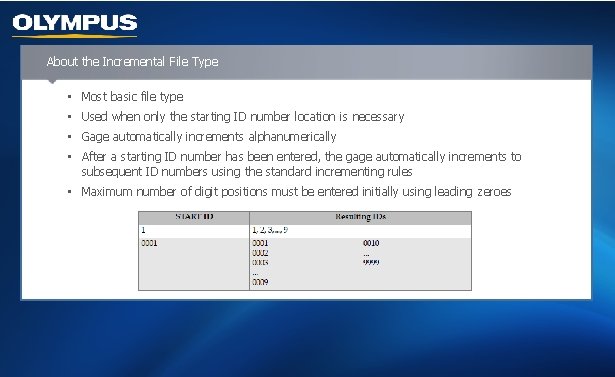 About the Incremental File Type • Most basic file type • Used when only