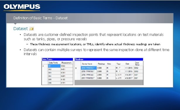Definition of Basic Terms - Dataset • Datasets are customer-defined inspection points that represent