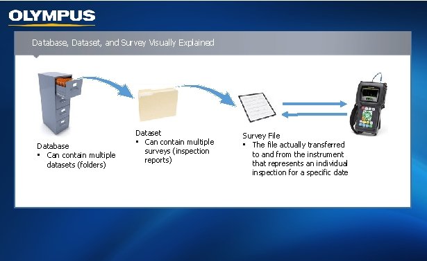 Database, Dataset, and Survey Visually Explained Database • Can contain multiple datasets (folders) Dataset