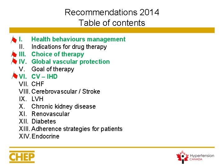 Recommendations 2014 Table of contents I. Health behaviours management II. Indications for drug therapy