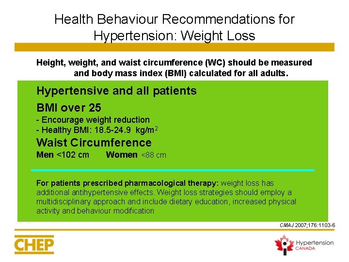 Health Behaviour Recommendations for Hypertension: Weight Loss Height, weight, and waist circumference (WC) should