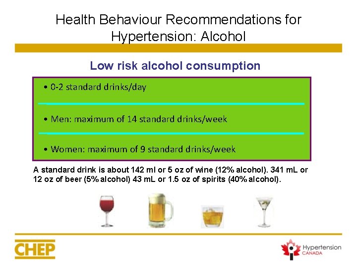 Health Behaviour Recommendations for Hypertension: Alcohol Low risk alcohol consumption • 0 -2 standard