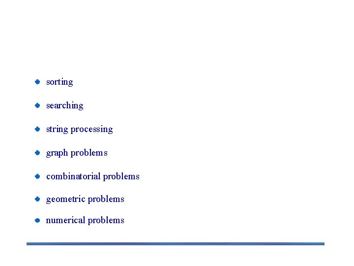 Important problem types sorting searching string processing graph problems combinatorial problems geometric problems numerical