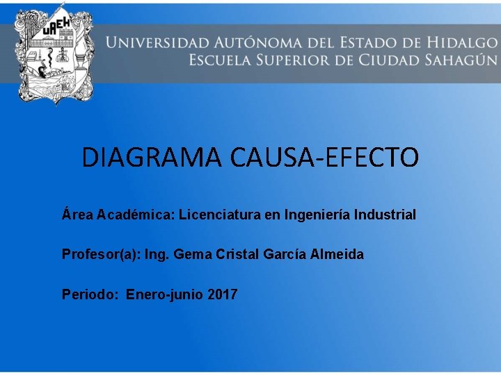 DIAGRAMA CAUSA-EFECTO Área Académica: Licenciatura en Ingeniería Industrial Profesor(a): Ing. Gema Cristal García Almeida