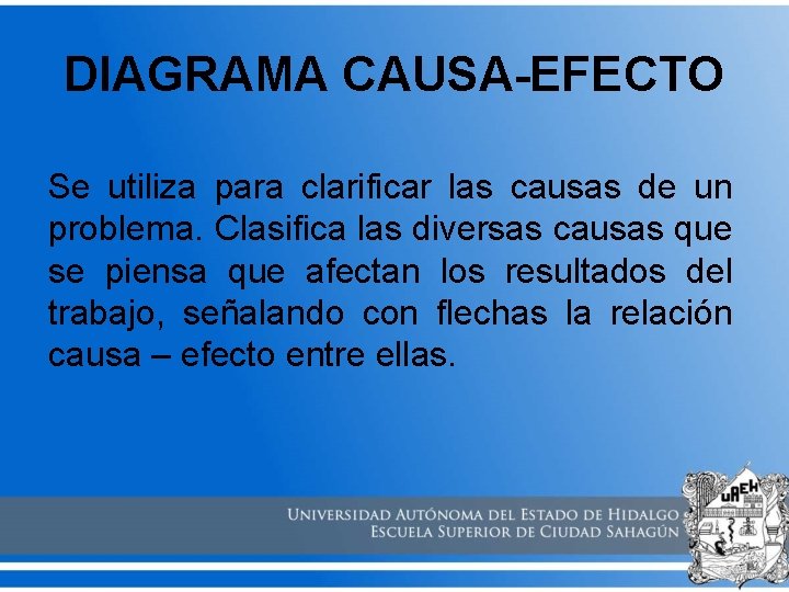 DIAGRAMA CAUSA-EFECTO Se utiliza para clarificar las causas de un problema. Clasifica las diversas