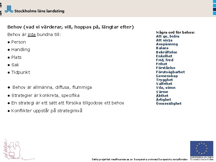 4 4 Behov (vad vi värderar, vill, hoppas på, längtar efter) Behov är inte