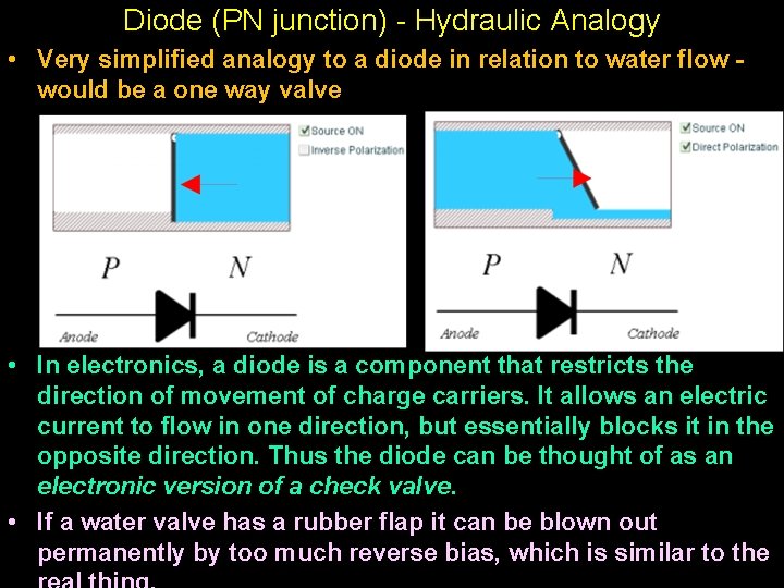 Diode (PN junction) - Hydraulic Analogy • Very simplified analogy to a diode in