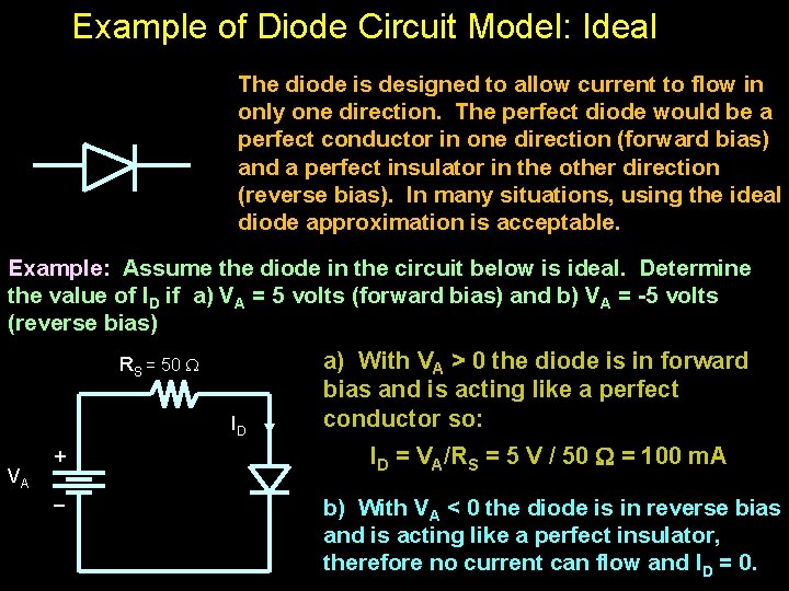 Example of Diode Circuit Model: Ideal The diode is designed to allow current to