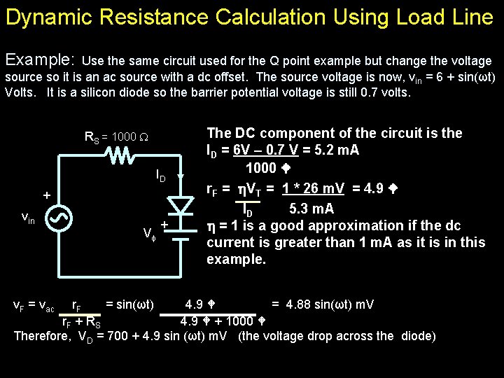 Dynamic Resistance Calculation Using Load Line Example: Use the same circuit used for the