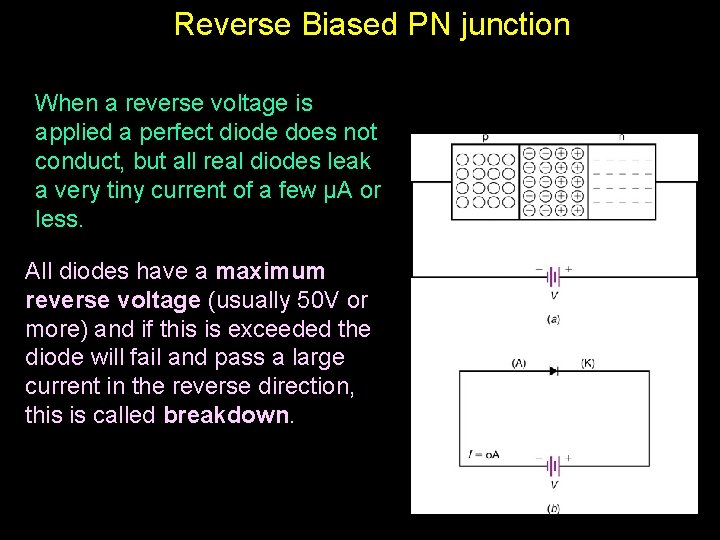 Reverse Biased PN junction When a reverse voltage is applied a perfect diode does