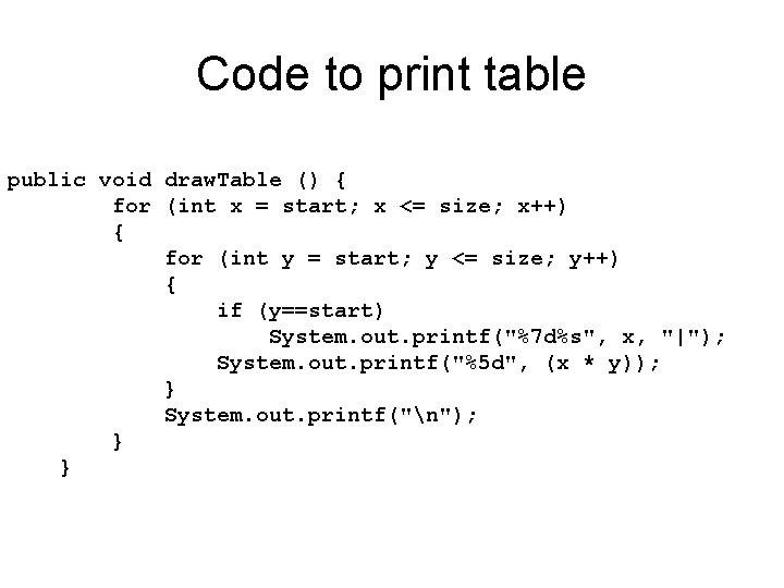 Code to print table public void draw. Table () { for (int x =