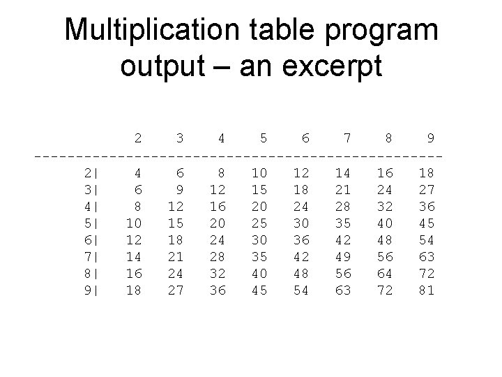Multiplication table program output – an excerpt 2 3 4 5 6 7 8