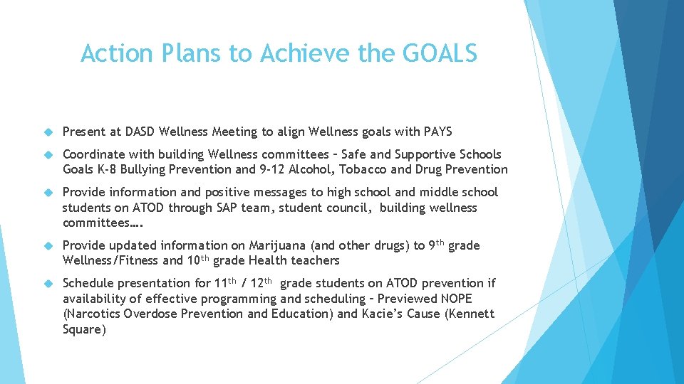 Action Plans to Achieve the GOALS Present at DASD Wellness Meeting to align Wellness