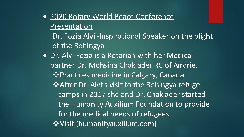  2020 Rotary World Peace Conference Presentation Dr. Fozia Alvi -Inspirational Speaker on the