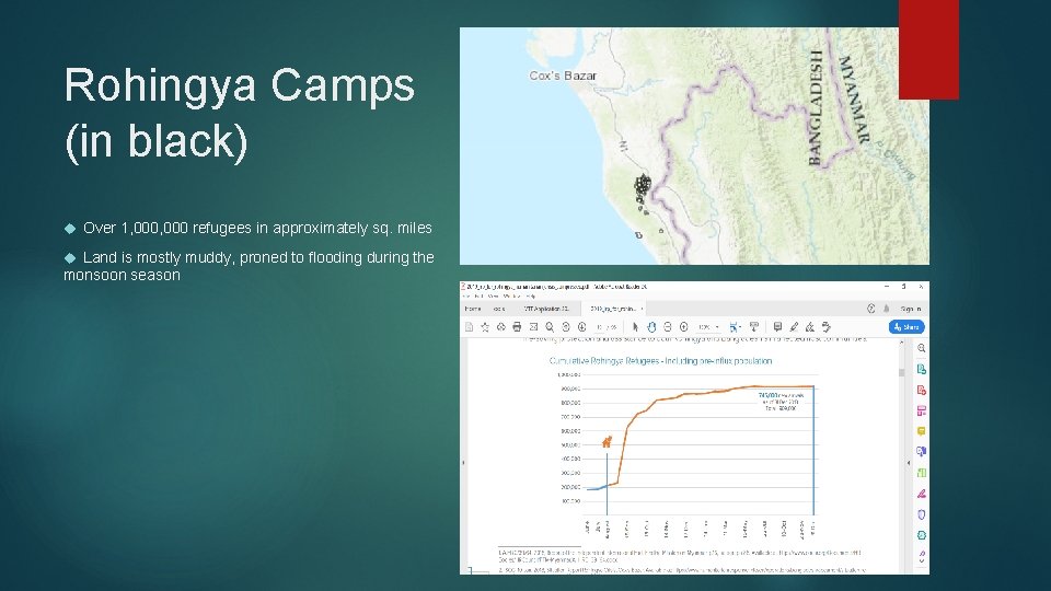 Rohingya Camps (in black) Over 1, 000 refugees in approximately sq. miles Land is