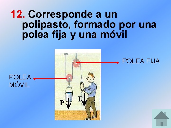 12. Corresponde a un polipasto, formado por una polea fija y una móvil POLEA 12. Corresponde a un polipasto, formado por una polea fija y una móvil POLEA