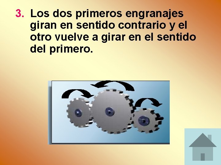 3. Los dos primeros engranajes giran en sentido contrario y el otro vuelve a 3. Los dos primeros engranajes giran en sentido contrario y el otro vuelve a