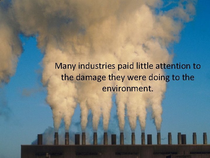 Many industries paid little attention to the damage they were doing to the environment.