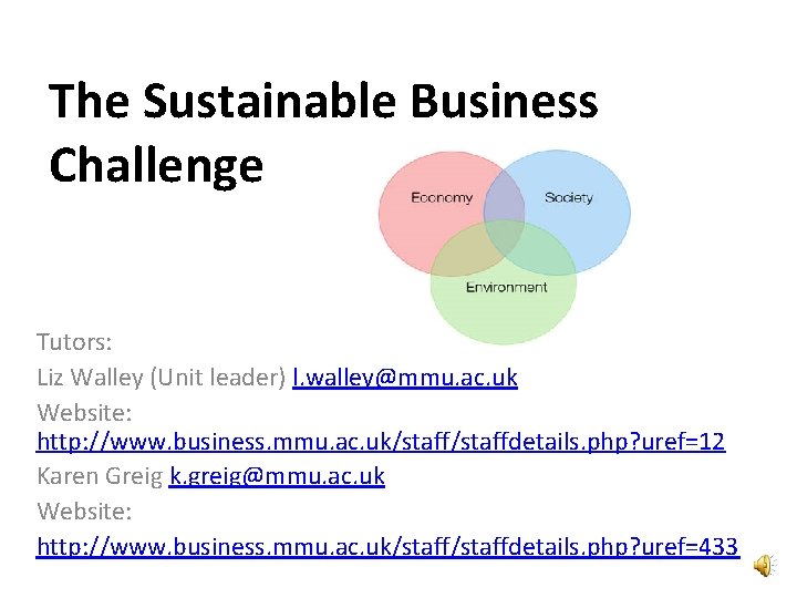 The Sustainable Business Challenge Tutors: Liz Walley (Unit leader) l. walley@mmu. ac. uk Website: