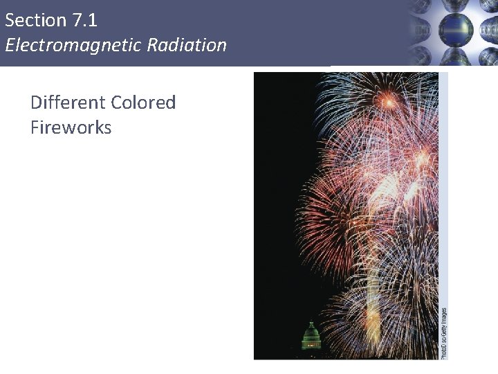 Section 7. 1 Electromagnetic Radiation Different Colored Fireworks Copyright © Cengage Learning. All rights