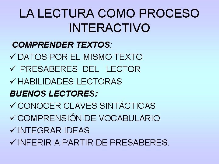 LA LECTURA COMO PROCESO INTERACTIVO COMPRENDER TEXTOS: ü DATOS POR EL MISMO TEXTO ü