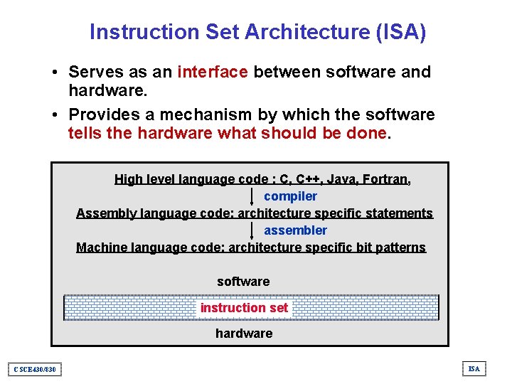 Instruction Set Architecture (ISA) • Serves as an interface between software and hardware. •