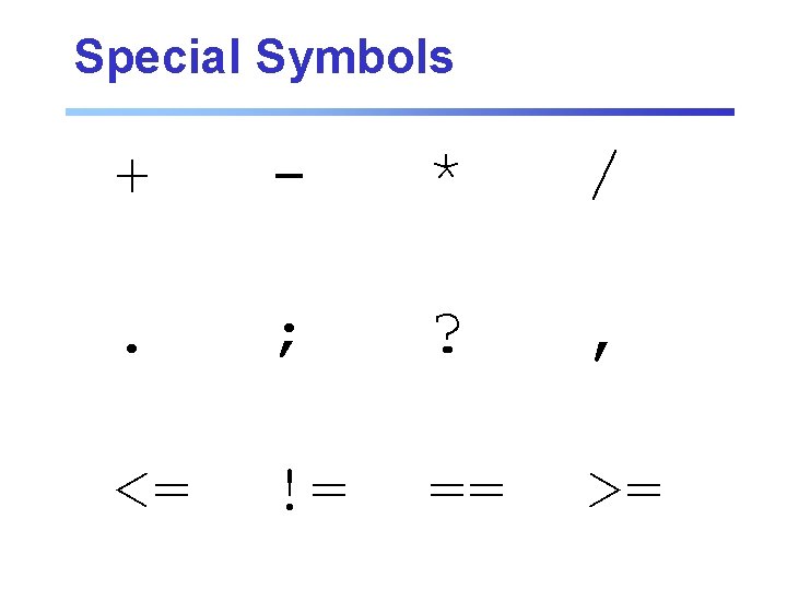 Special Symbols + - * / . ; ? , <= != == >= Special Symbols + - * / . ; ? , <= != == >=