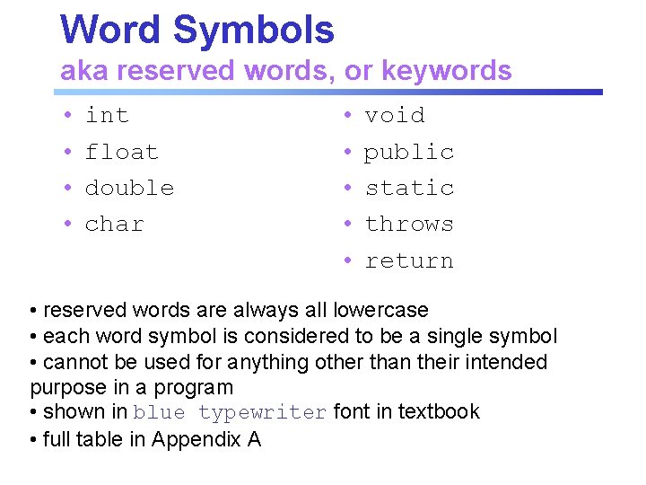 Word Symbols aka reserved words, or keywords • • int float double char • Word Symbols aka reserved words, or keywords • • int float double char •