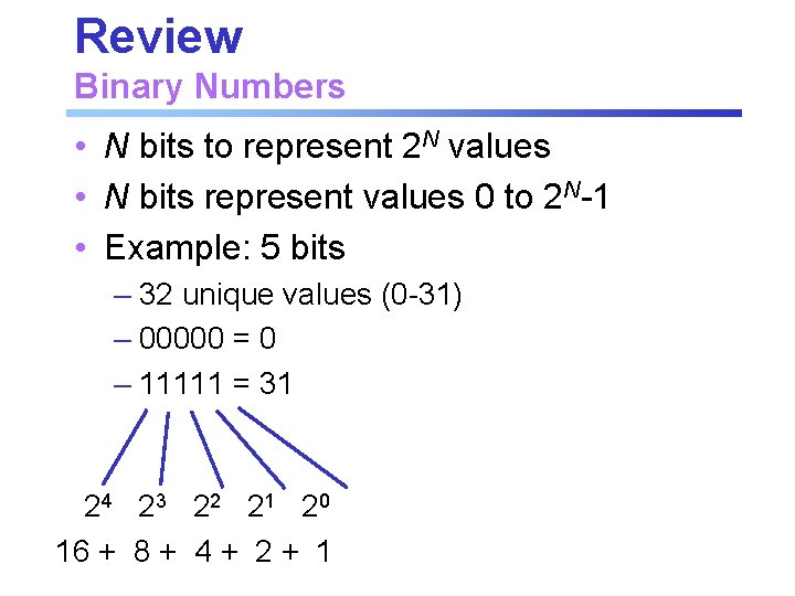 Review Binary Numbers • N bits to represent 2 N values • N bits Review Binary Numbers • N bits to represent 2 N values • N bits