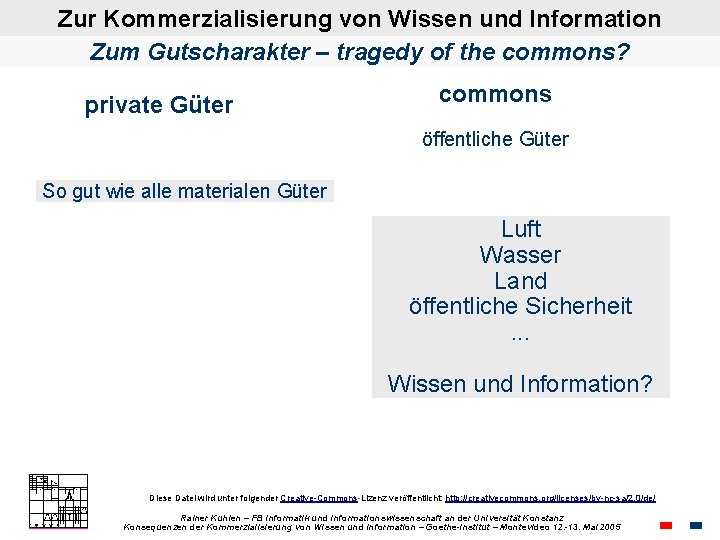 Zur Kommerzialisierung von Wissen und Information Zum Gutscharakter – tragedy of the commons? private