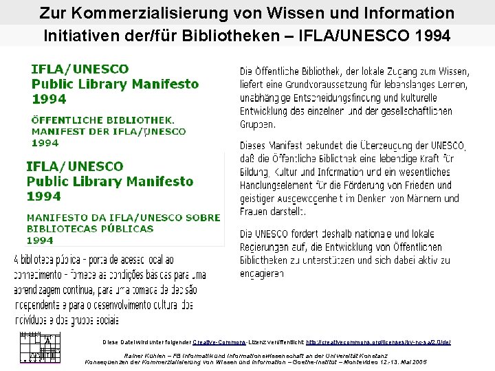 Zur Kommerzialisierung von Wissen und Information Initiativen der/für Bibliotheken – IFLA/UNESCO 1994 Diese Datei