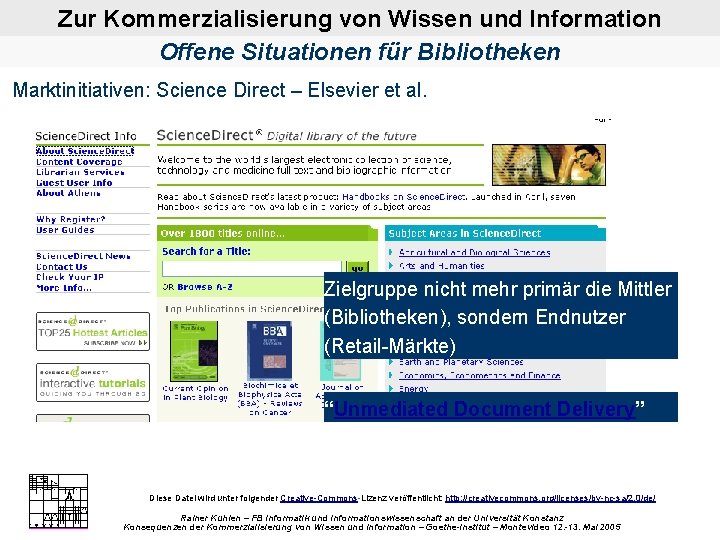 Zur Kommerzialisierung von Wissen und Information Offene Situationen für Bibliotheken Marktinitiativen: Science Direct –