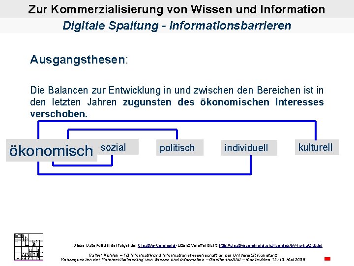 Zur Kommerzialisierung von Wissen und Information Digitale Spaltung - Informationsbarrieren Ausgangsthesen: Die Balancen zur