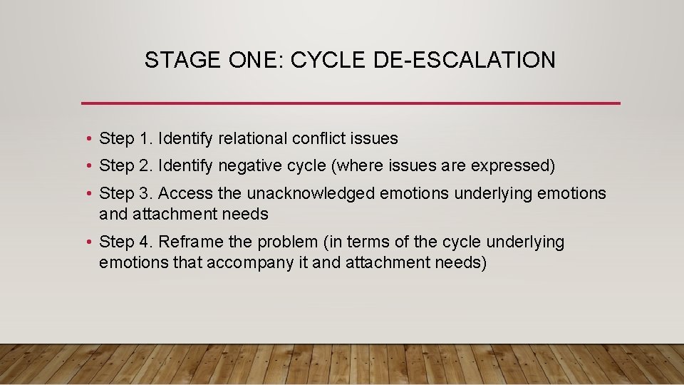 STAGE ONE: CYCLE DE-ESCALATION • Step 1. Identify relational conflict issues • Step 2.