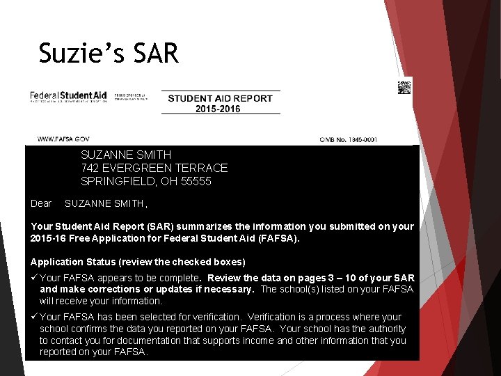 Suzie’s SAR SUZANNE SMITH 742 EVERGREEN TERRACE SPRINGFIELD, OH 55555 Dear SUZANNE SMITH, Your Suzie’s SAR SUZANNE SMITH 742 EVERGREEN TERRACE SPRINGFIELD, OH 55555 Dear SUZANNE SMITH, Your
