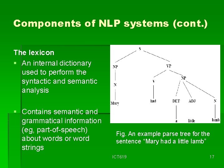 Components of NLP systems (cont. ) The lexicon § An internal dictionary used to