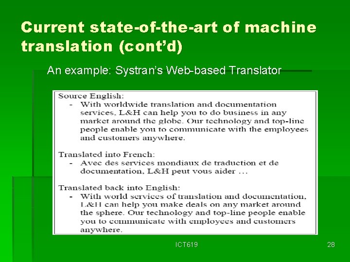 Current state-of-the-art of machine translation (cont’d) An example: Systran’s Web-based Translator ICT 619 28