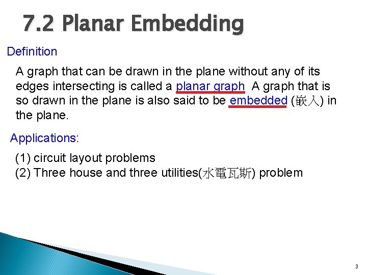 7. 2 Planar Embedding Definition A graph that can be drawn in the plane