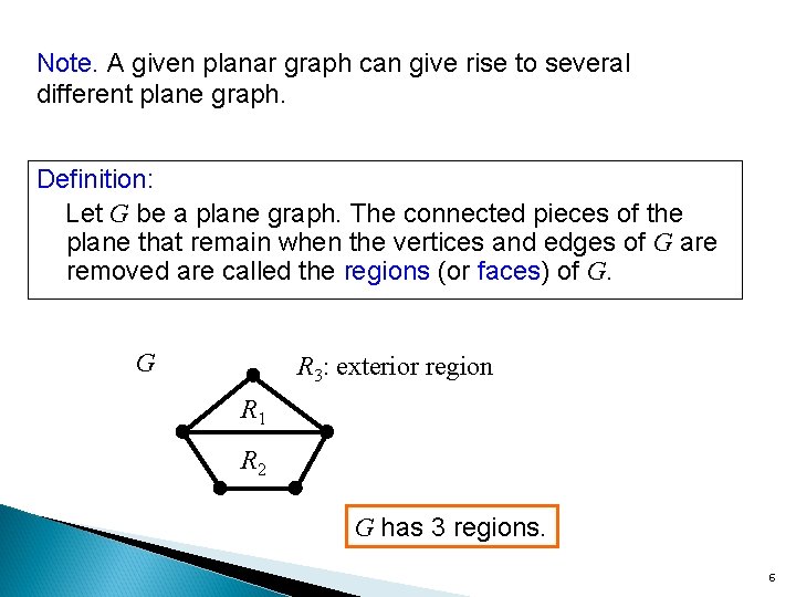 Note. A given planar graph can give rise to several different plane graph. Definition: