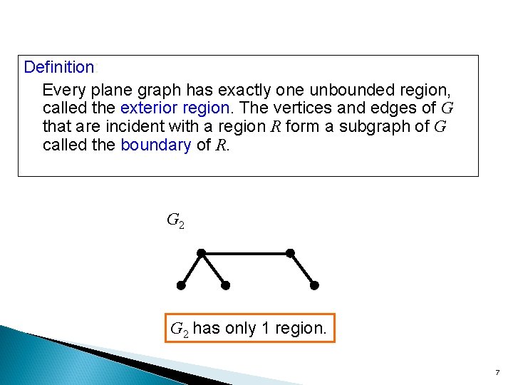 Definition: Every plane graph has exactly one unbounded region, called the exterior region. The