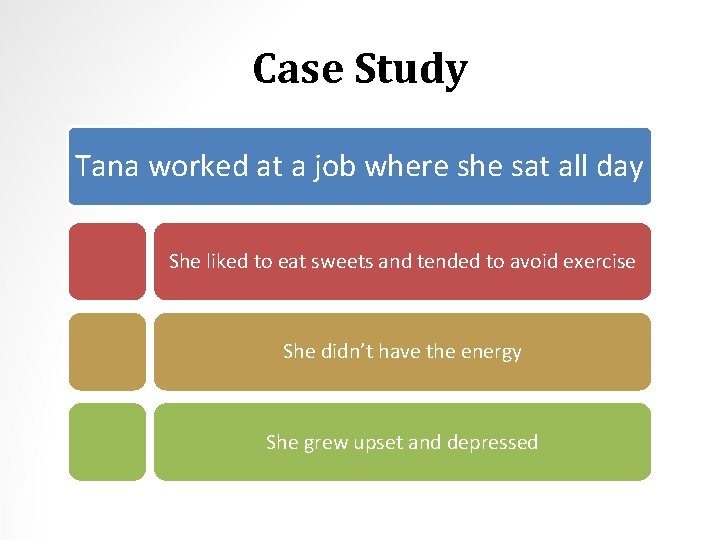 Case Study Tana worked at a job where she sat all day She liked