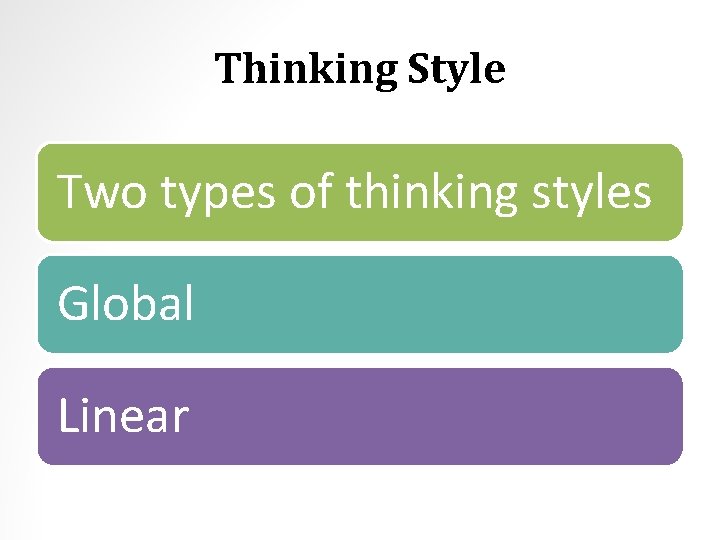Thinking Style Two types of thinking styles Global Linear 