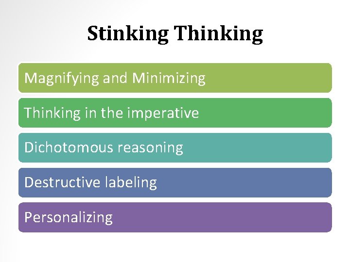 Stinking Thinking Magnifying and Minimizing Thinking in the imperative Dichotomous reasoning Destructive labeling Personalizing