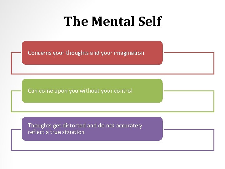 The Mental Self Concerns your thoughts and your imagination Can come upon you without