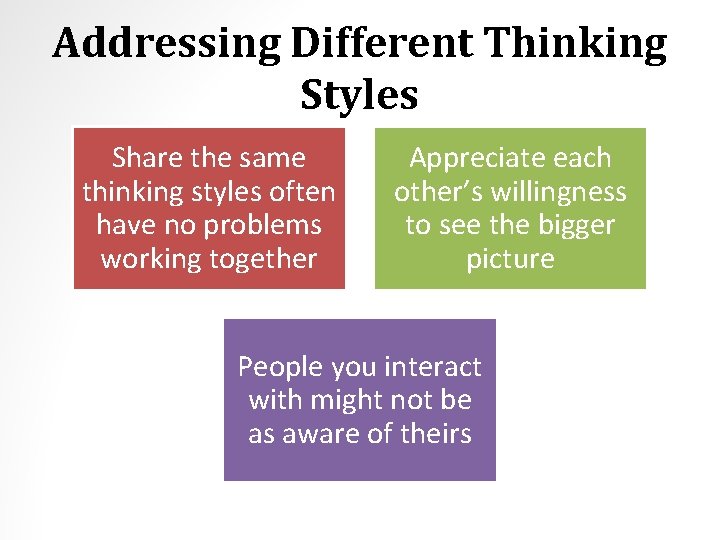 Addressing Different Thinking Styles Share the same thinking styles often have no problems working