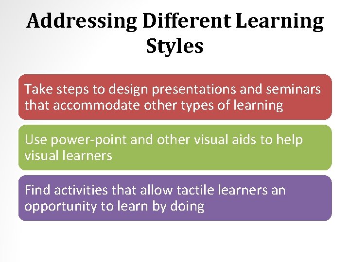 Addressing Different Learning Styles Take steps to design presentations and seminars that accommodate other