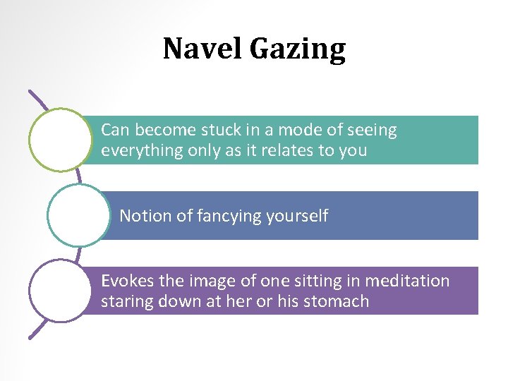 Navel Gazing Can become stuck in a mode of seeing everything only as it