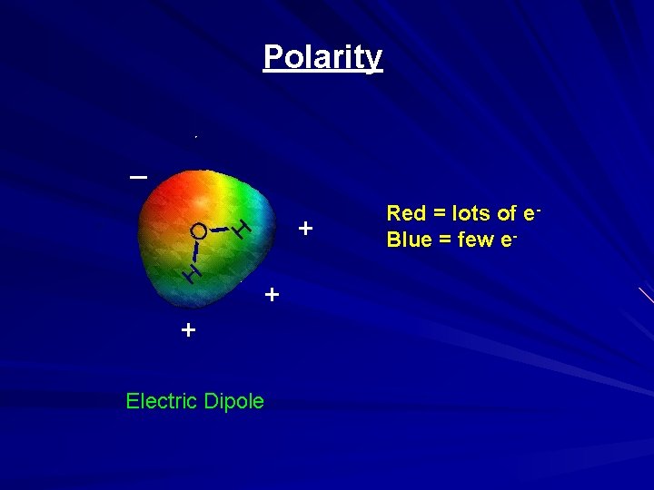 Polarity _ + + + Electric Dipole Red = lots of e. Blue =